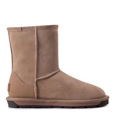 A pair of Auzland Premium Short Classic Australian Made UGG Boots for women in sand color, featuring cosy sheepskin lining and suede exterior.