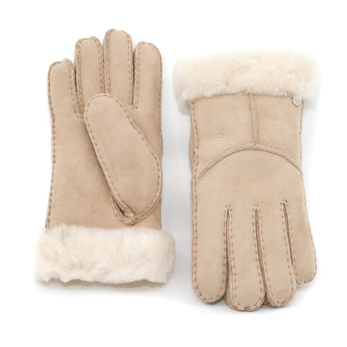 Auzland UGG sheepskin gloves in sand color, showing the soft, plush exterior and snug fit design for warmth and comfort.