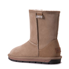 A pair of Auzland Premium Short Classic Australian Made UGG Boots for women in sand color, showing soft sheepskin lining and suede exterior.