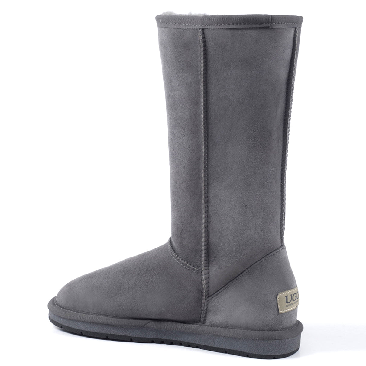 A pair of tall, grey Auzland Classic UGG boots for women, featuring plush sheepskin lining and durable rubber soles.