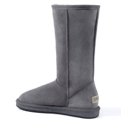 A pair of tall, grey Auzland Classic UGG boots for women, featuring plush sheepskin lining and durable rubber soles.