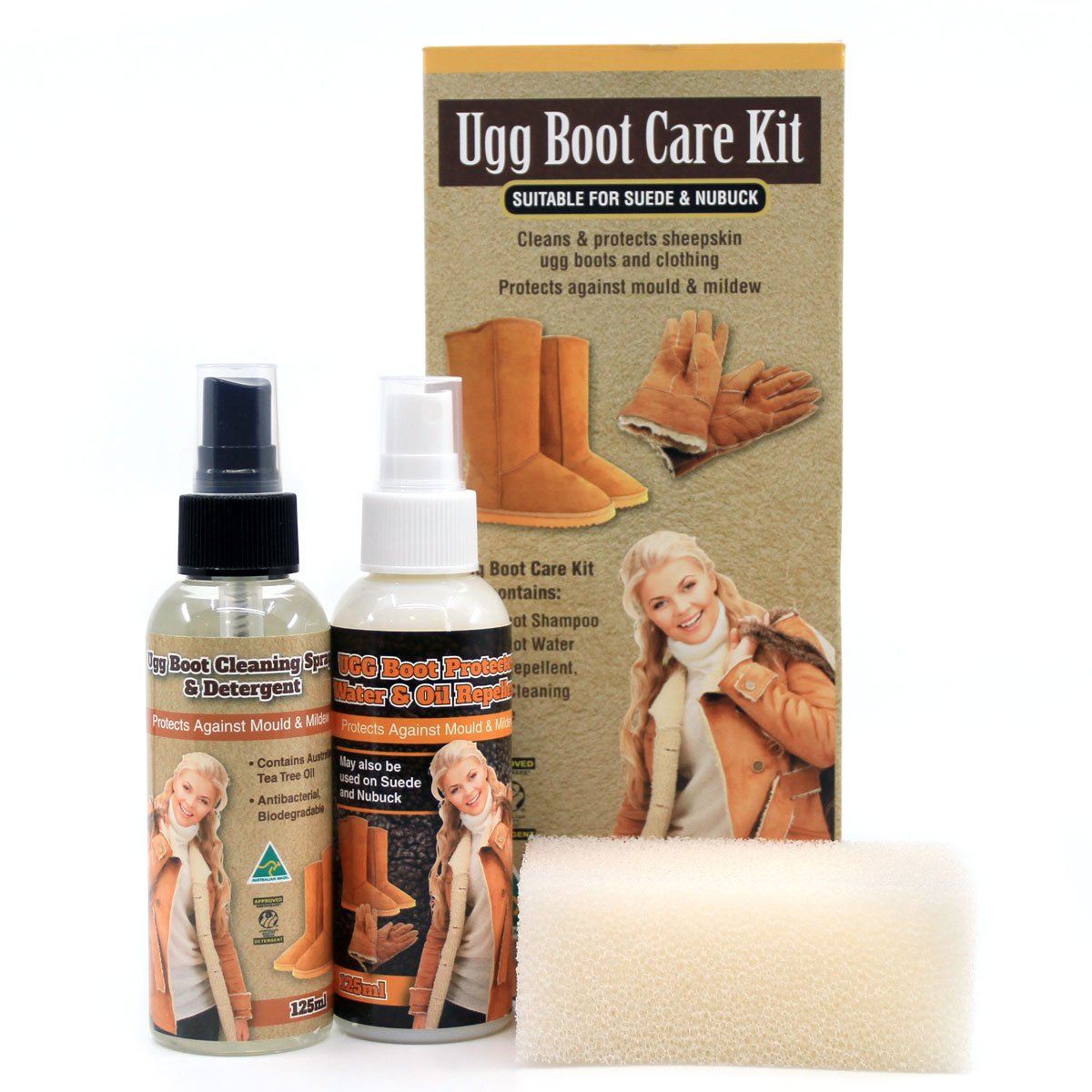 Tantech UGG Boot Care Kit including cleaning brush, conditioner, and waterproof spray for maintaining UGG boots.