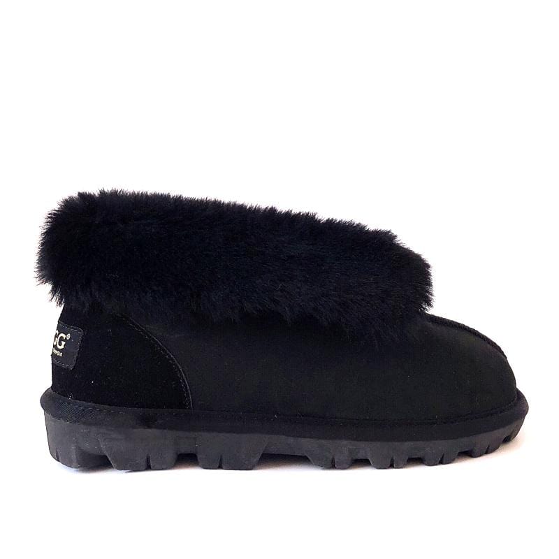 Auzland UGG Classic Ankle Slippers for men and women in black, showcasing comfortable slip-on shoes with plush interior.