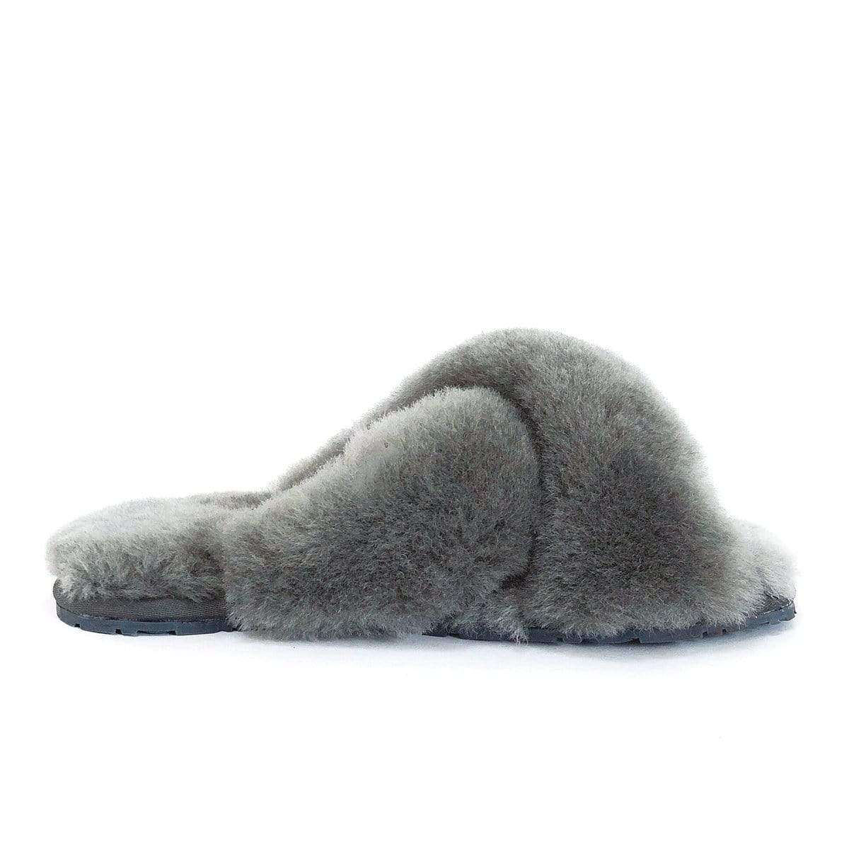 A pair of grey UGG Cross Fluff Scuff slippers for women and men by Auzland, featuring plush fuzzy interior and slip-on design.