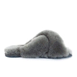 A pair of grey UGG Cross Fluff Scuff slippers for women and men by Auzland, featuring plush fuzzy interior and slip-on design.
