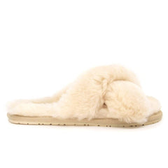 A pair of UGG Cross Fluff Scuff slippers for women and men, featuring soft, plush design in natural color by Auzland.
