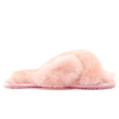Pink UGG Cross Fluff Scuff slippers for women and men, plush slip-on shoes with soft, fluffy interior for cosy comfort.