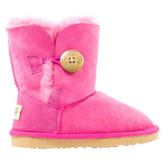 A pair of Auzland Kids UGG Boots with one button closure, featuring soft fur lining and durable rugged soles for children.