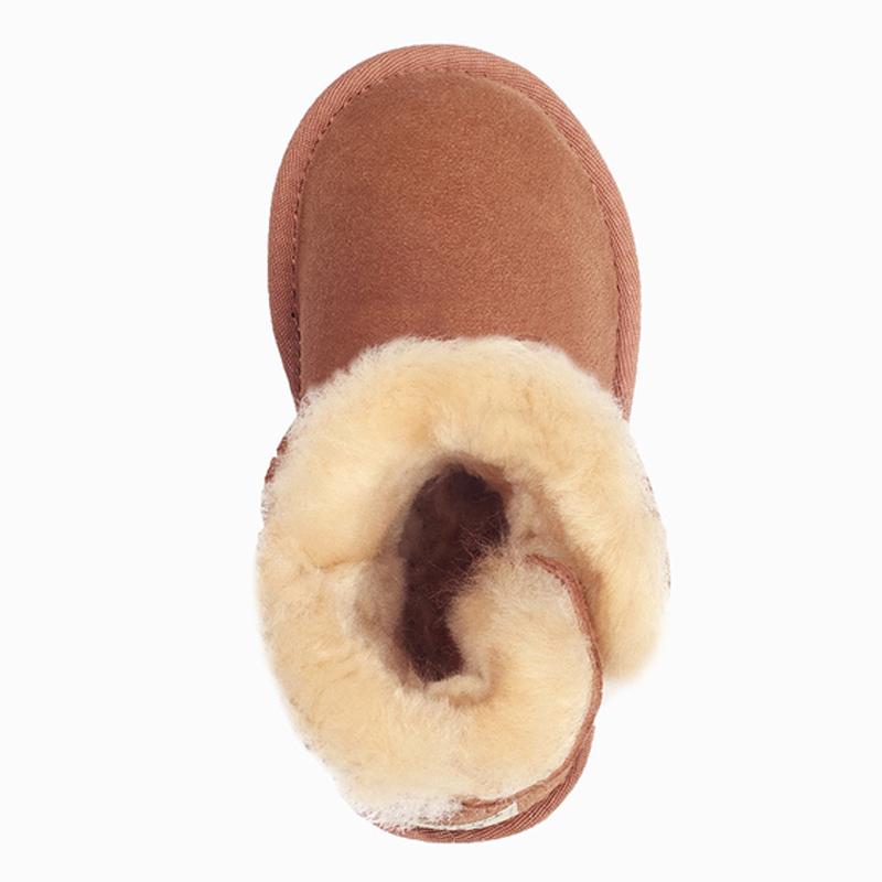 A pair of Auzland Kids UGG boots with a single button closure, featuring soft, cosy fur lining and durable sole for children.