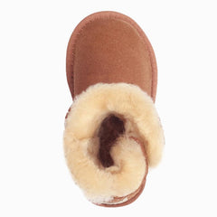 A pair of Auzland Kids UGG boots with a single button closure, featuring soft, cosy fur lining and durable sole for children.