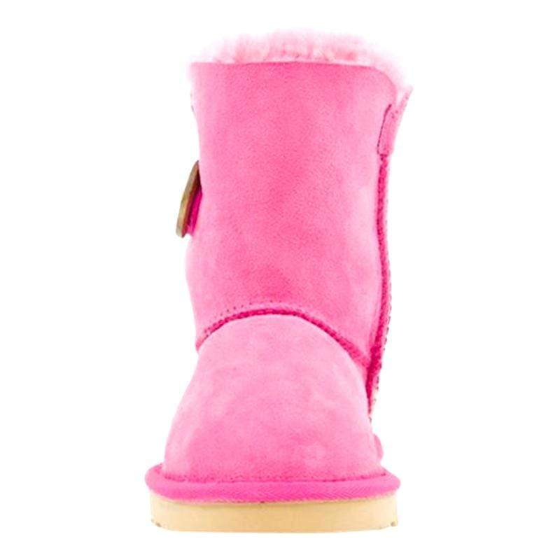 A pair of Auzland kids' UGG boots with a single button, featuring soft material and cosy design for toddlers and children.