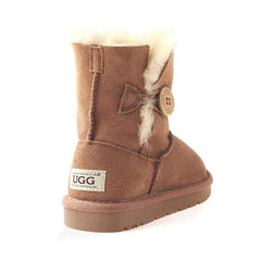 Auzland kids' UGG boots with a single button closure, soft plush interior, and cosy design for toddlers and young children.