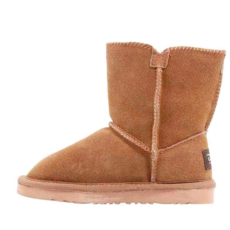 A pair of Auzland kids' UGG boots with one button detail, cosy shearling lining, and soft suede exterior for children.