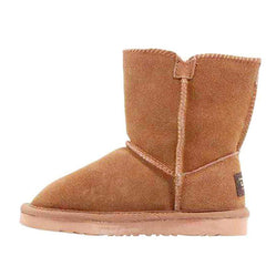A pair of Auzland kids' UGG boots with one button detail, cosy shearling lining, and soft suede exterior for children.