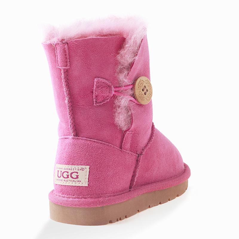 A pair of Auzland Kids UGG Boots with a single button closure, featuring soft material and cosy design for children.