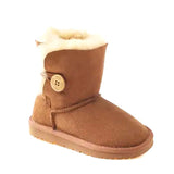 A pair of chestnut Auzland Kids UGG Boots with a single button and cosy fleece lining, designed for toddlers and young children.