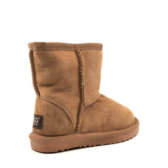 Auzland UGG Kids Short Classic Boots in tan with soft sheepskin lining, showing the cosy exterior and ankle-height design.