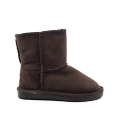 A pair of chocolate UGG Kids Short Classic Boots by Auzland, showing cosy sheepskin lining and durable outsole for kids' winter wear.