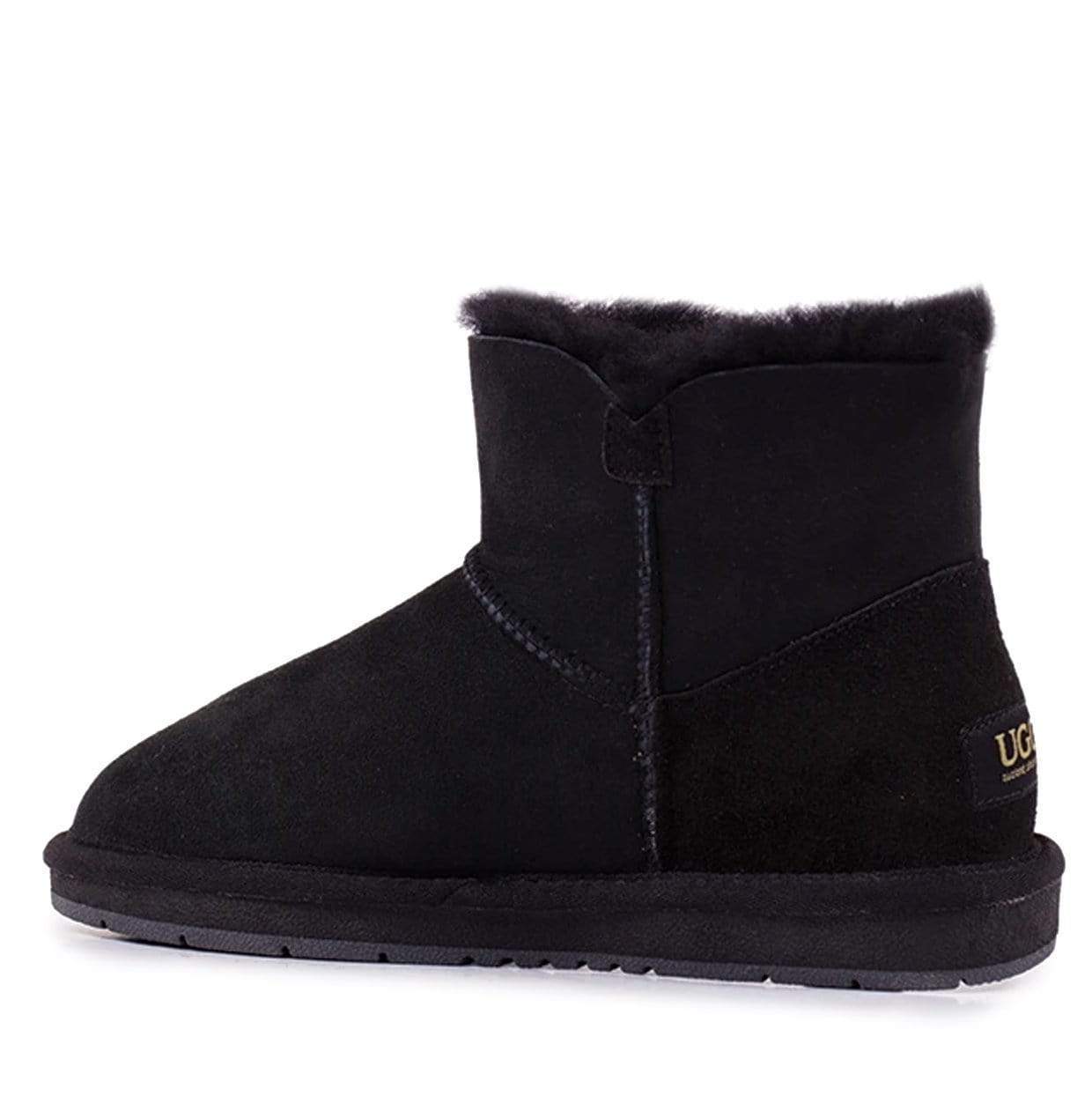 Auzland premium mini UGG boots for women featuring classic button details and soft sheepskin lining, stylish and cosy footwear.