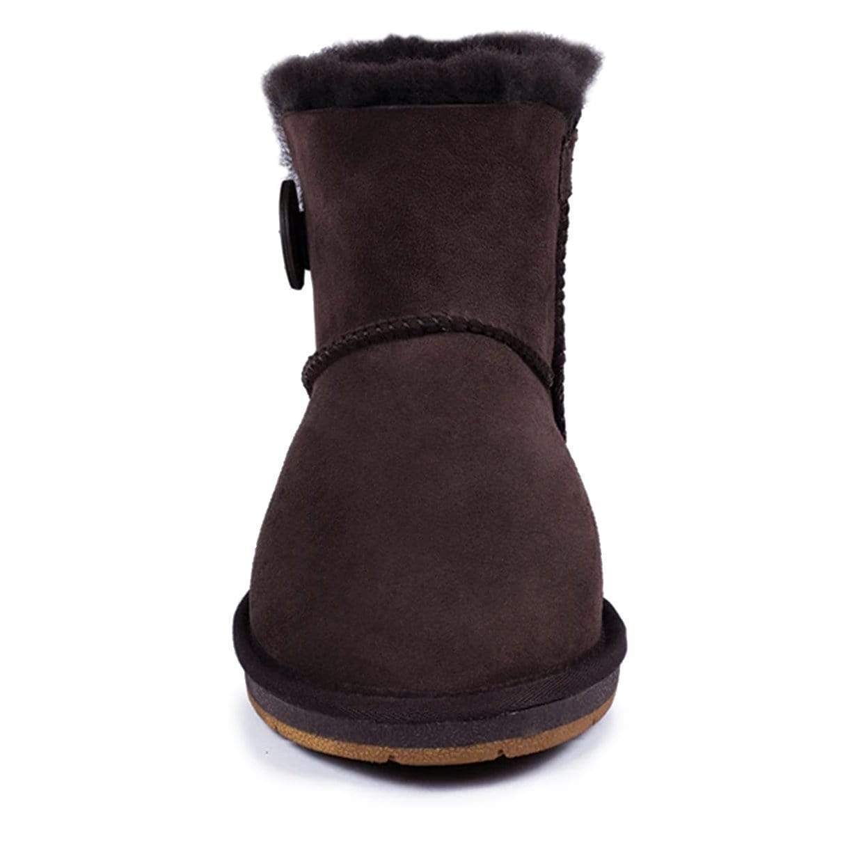 A pair of Auzland Premium Mini Button UGG Boots for women, featuring classic sheepskin style with button accents.