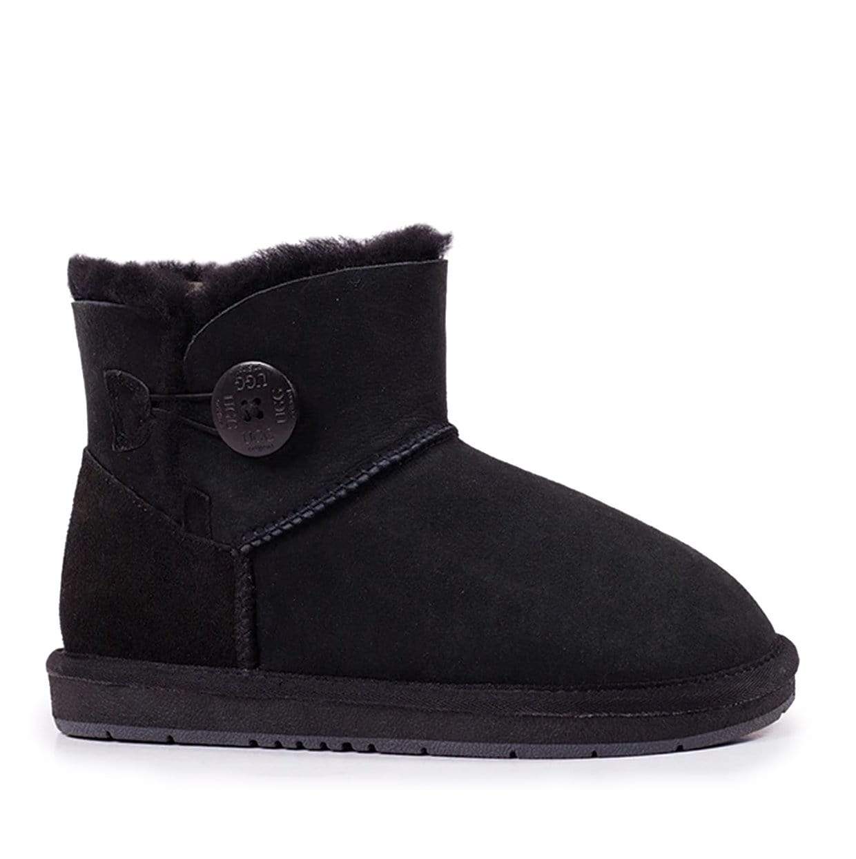 Black Auzland Mini Button UGG Boots for women and men featuring classic design and button details, perfect for casual winter wear.