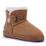 A pair of Auzland Premium Mini Button UGG Boots for women in chestnut color with classic button design, cosy and stylish footwear.
