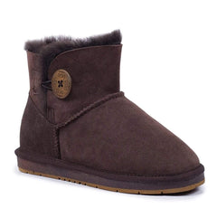 A pair of Auzland Premium Mini Button UGG Boots in chocolate brown, classic women's UGG style with button details and shearling lining