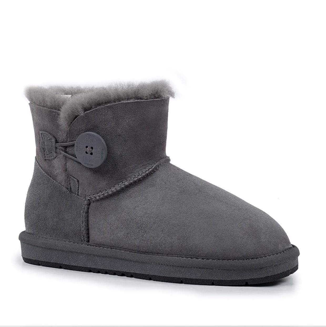 A pair of grey Auzland Mini Button UGG Boots for women, classic style with button accents, shown from the side.