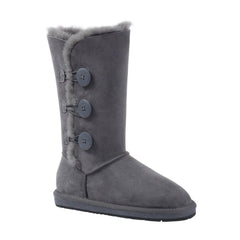A pair of grey UGG Premium Classic Tall 3-Button Boots for women, featuring a tall design with button accents and plush interior.