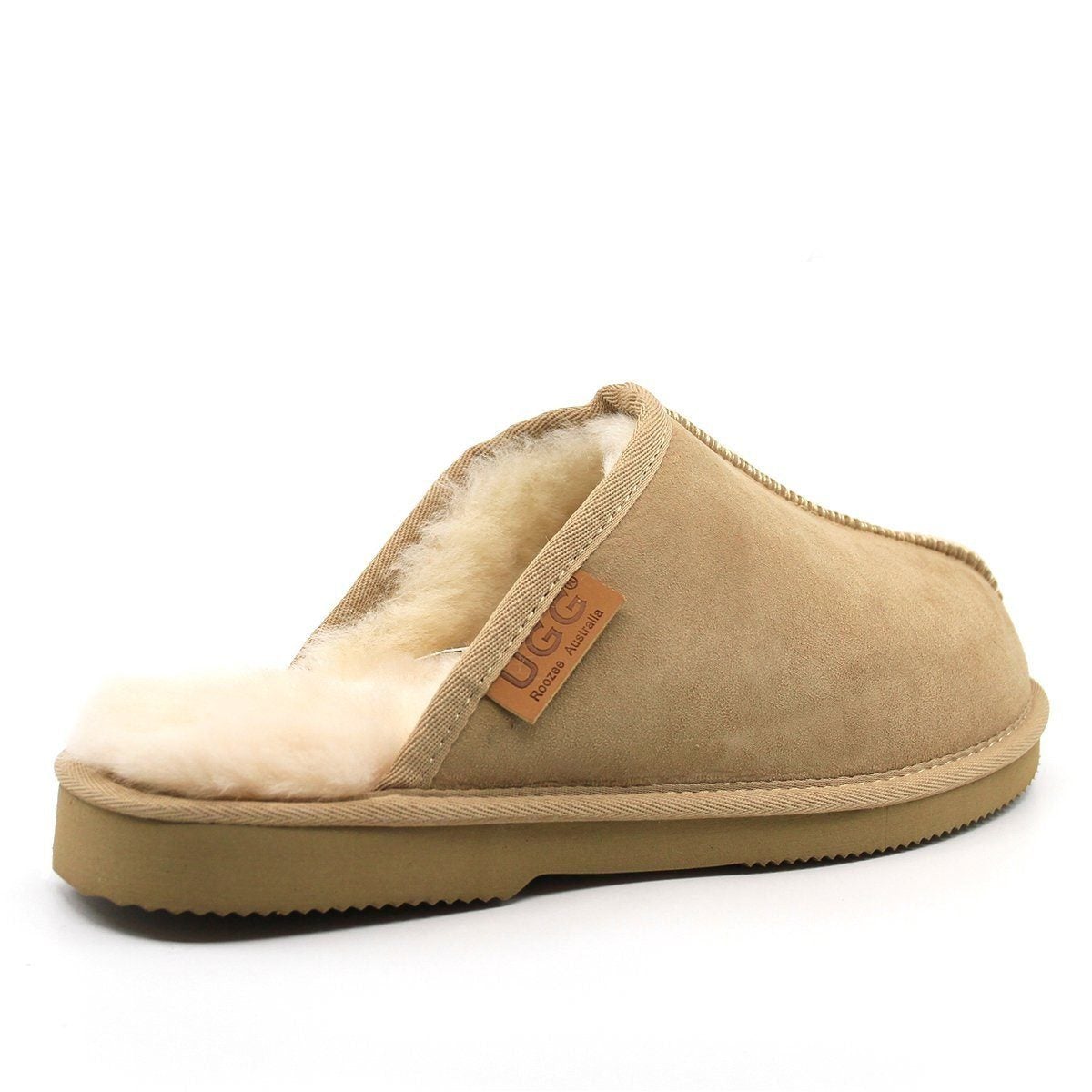 A pair of men's UGG slippers from Auzland, made in Australia, featuring soft scuff design and comfortable indoor shoe style.