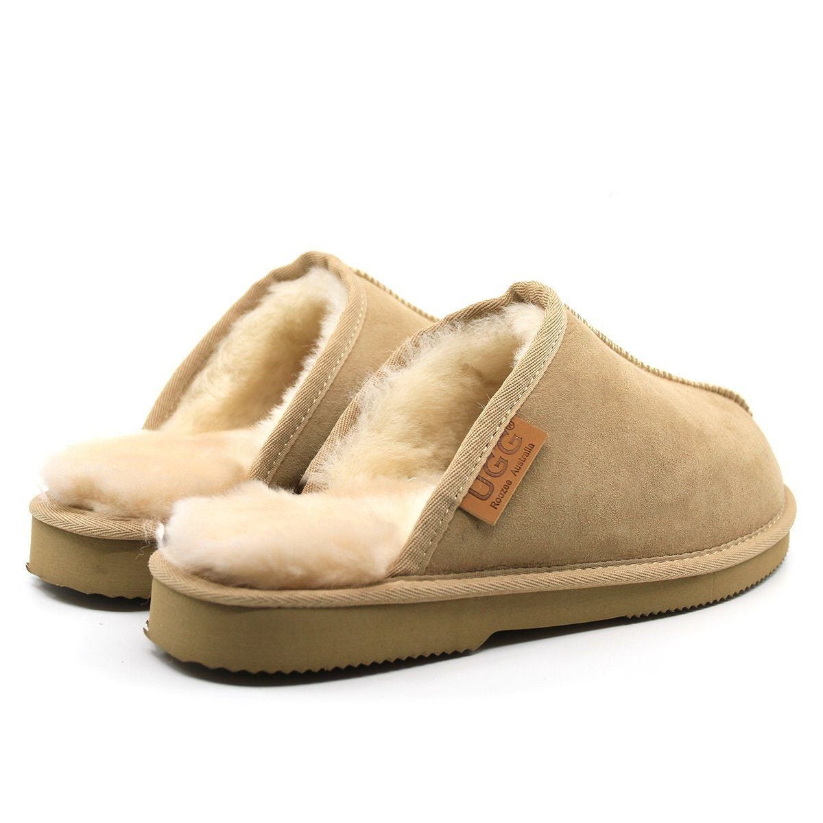 A pair of men's UGG scuff slippers by Auzland, Australian-made, featuring soft plush interior and durable suede exterior.