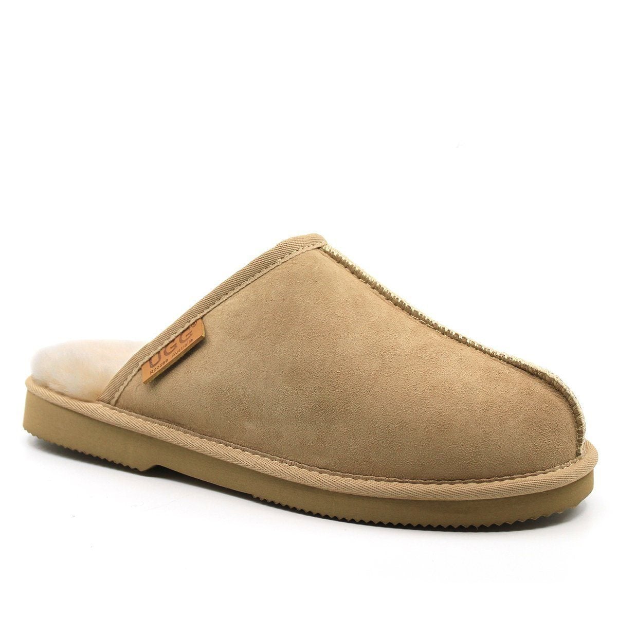 Australian-made UGG men's slip-on slippers by Auzland, featuring soft shearling lining and durable suede exterior.