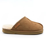 Australian-made UGG premium men's scuff slippers by Auzland, chestnut color, soft sheepskin interior, slip-on design.