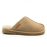 A pair of men's UGG premium slippers by Auzland, made in Australia, in sand color with soft plush interior and slip-on design.