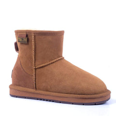 A pair of Auzland Premium Mini Classic UGG Boots in chestnut color, featuring soft sheepskin interior and slip-on style for women and men.