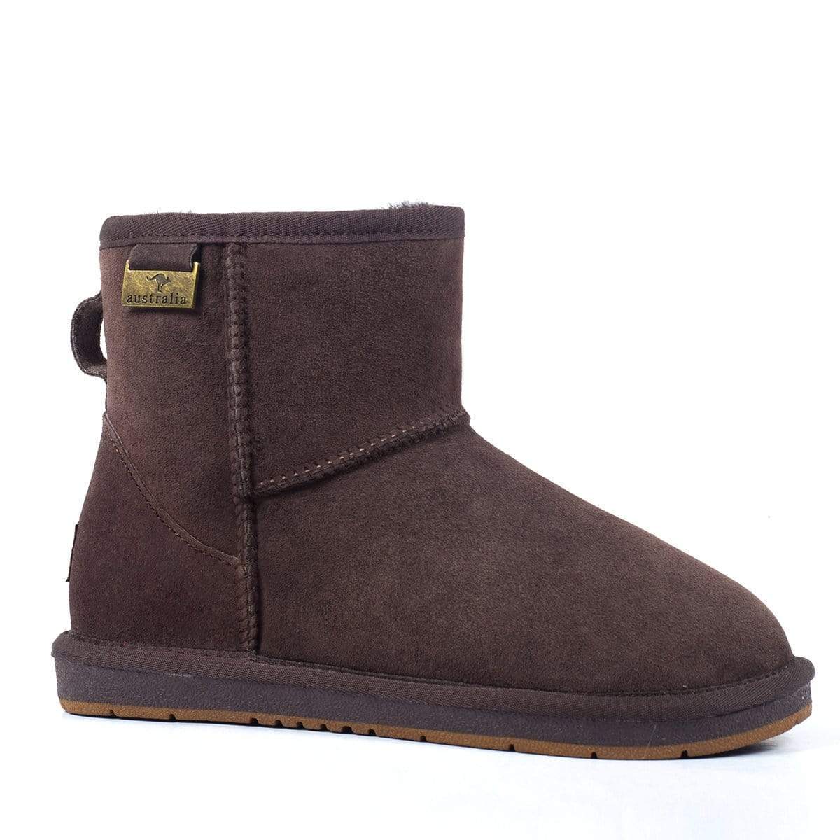 A pair of chocolate Auzland Premium Mini Classic UGG Boots for women and men, showing the cosy sheepskin interior and stylish exterior.