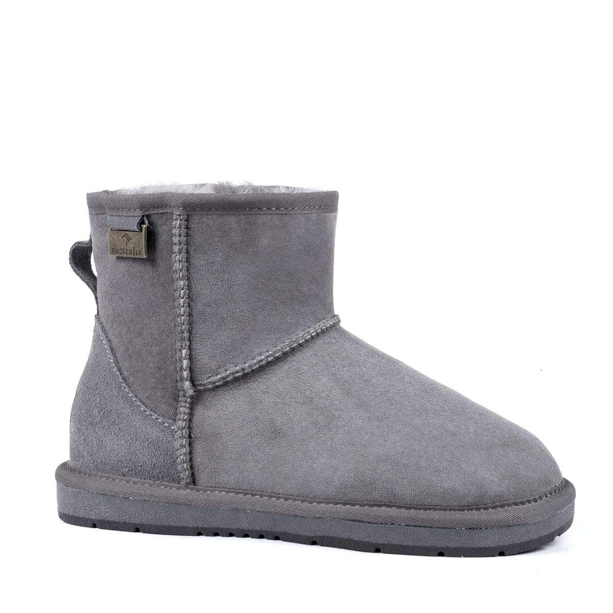 A pair of grey Auzland Premium Mini Classic UGG Boots for women, showcasing cosy sheepskin lining and soft suede exterior.
