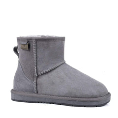 A pair of grey Auzland Premium Mini Classic UGG Boots for women, showcasing cosy sheepskin lining and soft suede exterior.