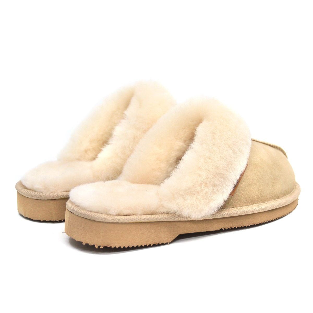 A pair of Australian-made UGG premium women’s scuff slippers in roozee color, featuring soft sheepskin lining and slip-on style.