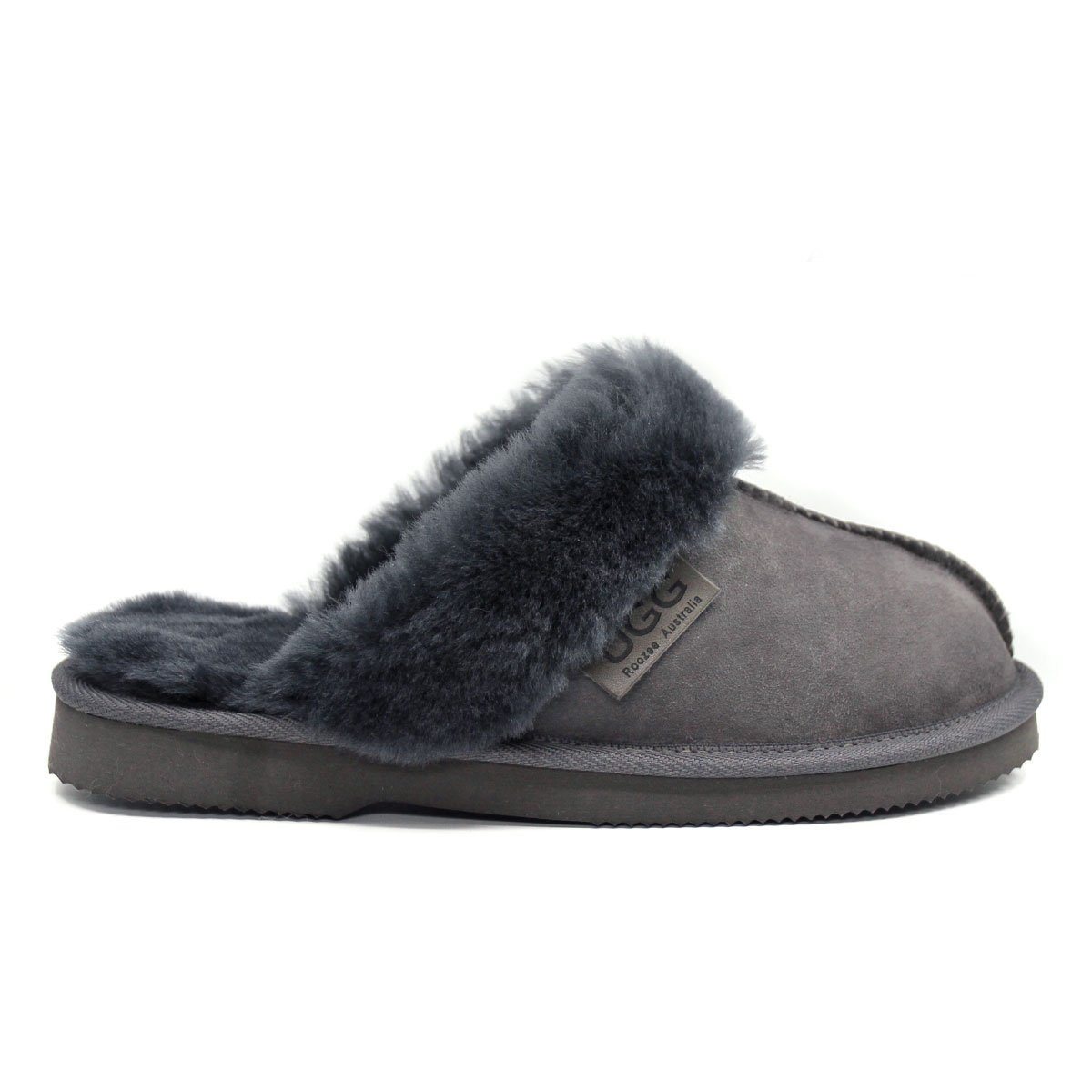 A pair of grey Australian-made UGG slippers for women by Auzland, featuring plush interior and slip-on design.
