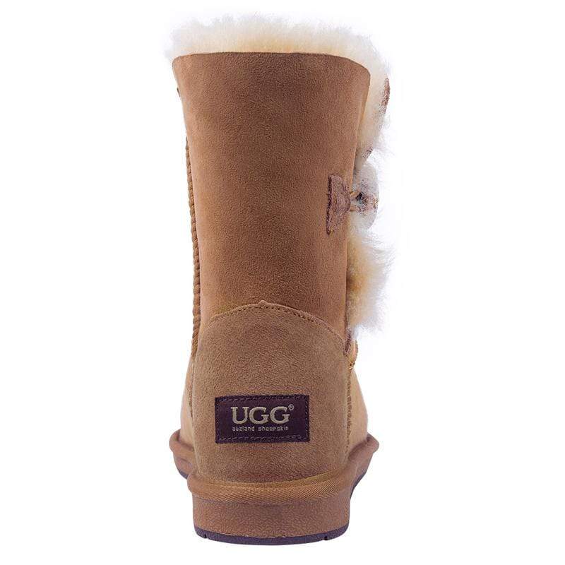 Auzland UGG Premium Short Classic Boots with a single button, featuring soft sheepskin and suede exterior for women.