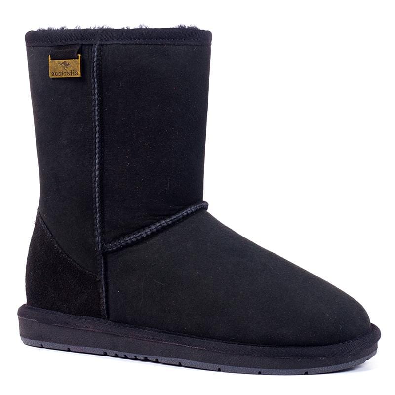 Black Auzland premium short classic UGG boots for women and men, featuring soft sheepskin lining and durable suede exterior.