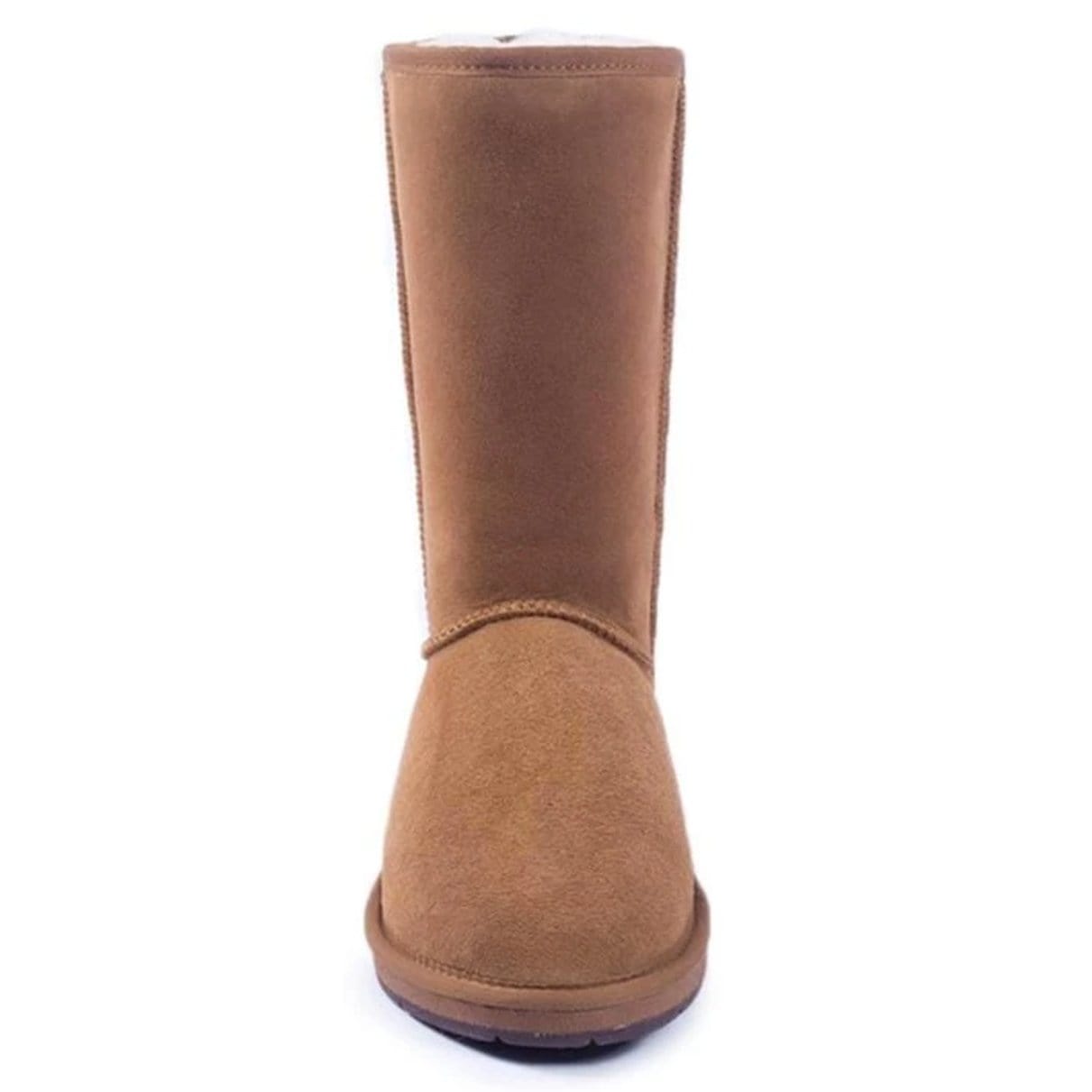 A pair of tall, premium classic UGG boots by Auzland in soft, tan suede with cosy shearling lining and flat rubber soles.