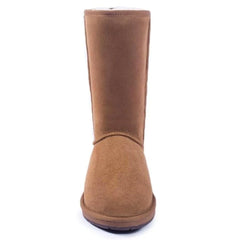 A pair of tall, premium classic UGG boots by Auzland in soft, tan suede with cosy shearling lining and flat rubber soles.