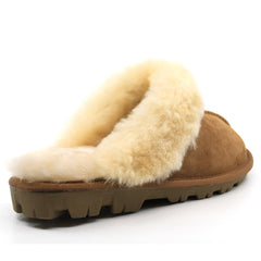 Auzland UGG Scuff Slippers for women with soft, cosy interior and tan suede exterior, slip-on design for comfortable indoor wear.