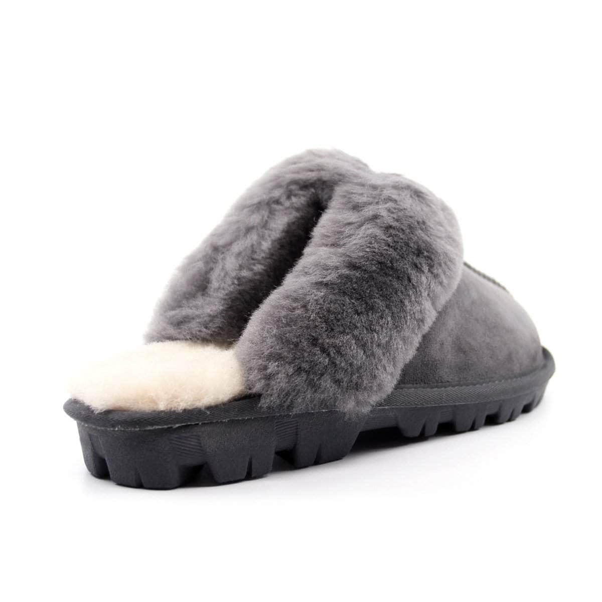 Auzland UGG Scuff Slippers for women featuring soft plush interior and slip-on design, gray color, and cosy comfort.