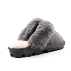 Auzland UGG Scuff Slippers for women featuring soft plush interior and slip-on design, gray color, and cosy comfort.
