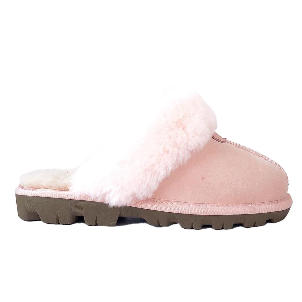 Light pink UGG Scuff Slippers for women by Auzland, featuring soft plush material and slip-on design for cosy comfort.