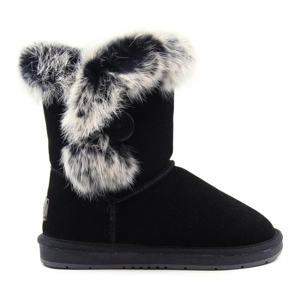 A pair of black UGG Short Button Fur Boots by Auzland featuring fur lining and button details, designed for women and men.