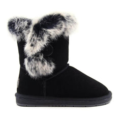A pair of black UGG Short Button Fur Boots by Auzland featuring fur lining and button details, designed for women and men.